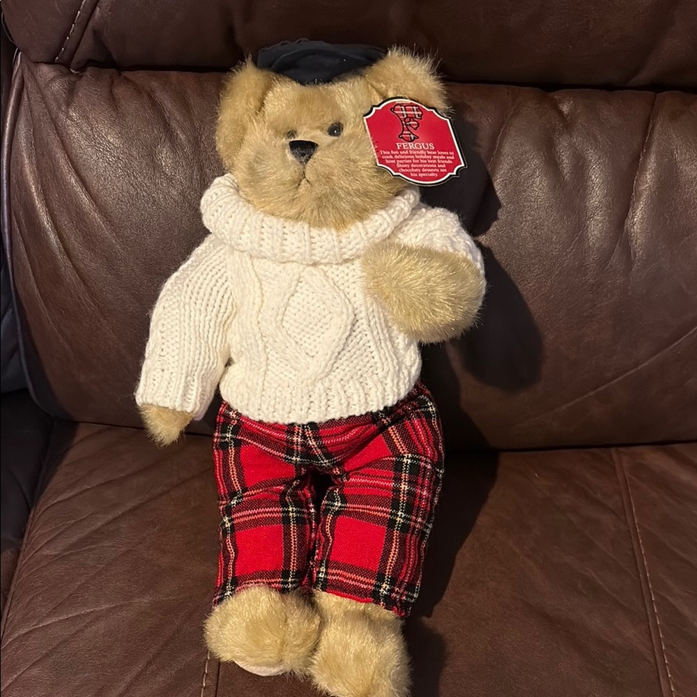 Classic Stuffed Bear with Sweater and Plaid Pants